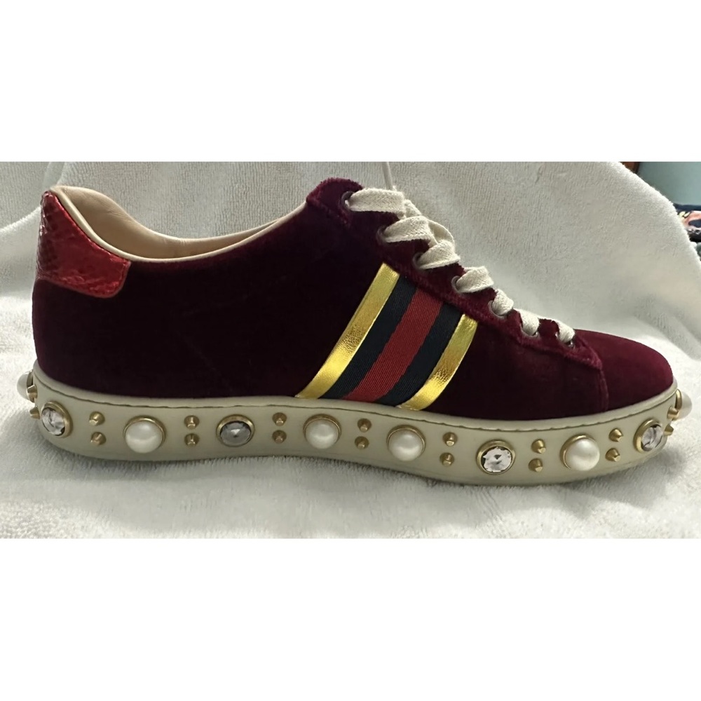 $1180 LkNEW GUCCI Burgundy Velvet New Ace Faux-Pearl Platform Sneakers RARE 37.5 - Picture 11 of 14